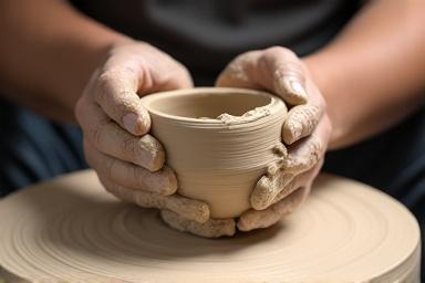 Töpferin an der Drehscheibe, die einen Tonklumpen formt